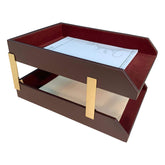 Chocolate Brown Leather Letter Trays, Legal Stacking Set, Gold